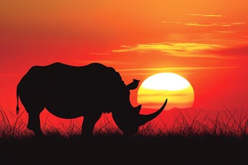 A rhinoceros with a savanna sunset in its silhouette.