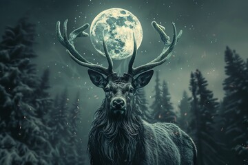 majestic stag with large antlers standing in a snowy forest under the full moon.