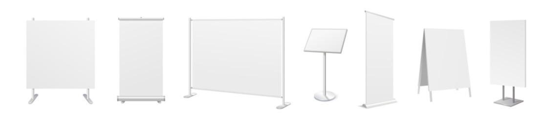 Set of white empty information boards. Blank mockups of stand and promo banners for advertising and product presentation. Info booth. Realistic 3D vector illustration collection isolated on background