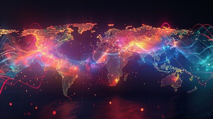 Sticker - Global Network: A vibrant and futuristic depiction of interconnectedness, featuring a glowing world map with dynamic lines radiating from its continents.