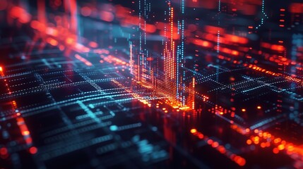 Poster - Digital Cityscape: A mesmerizing abstract visual representing the boundless potential of technology, with glowing lines and circuits in a vibrant red and blue color palette. 