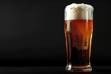 Tall glass filled with amber colored lager beer, topped with creamy white head against black studio background. Concept of alcohol drinks, summer, traditions, Oktoberfest. copy space - generative ai