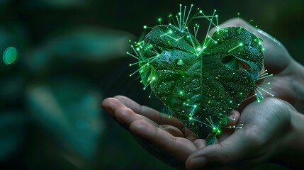 Wall Mural - person hands gently hold a green heart-shaped leaf with glowing lines, symbolizing a caring connecti