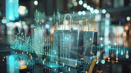 Aufkleber - Image of financial data processing over shopping bag Global shopping business finance computing and data processing concept digitally generated image : Generative AI