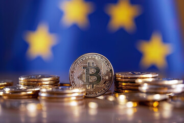 European union flag and Bitcoin. Europe cryptocurrency, digital gold finance investment regulation.