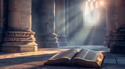 Wall Mural - the Holy Bible in temple Concept for faith spirituality and religion Peace hope dreams concept Bible in an ancient Catholic temple : Generative AI