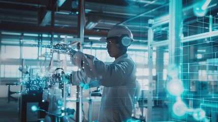 Leinwandbilder - Industry 40 Engineer use monitoring system software and record data of ai robotics automatic arms machine working on network in intelligent factory Ai Machine learning Digital manufact : Generative AI