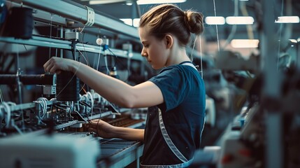 Aufkleber - Textile factory worker standing by modern industrial sewing machine and checking thread connections : Generative AI