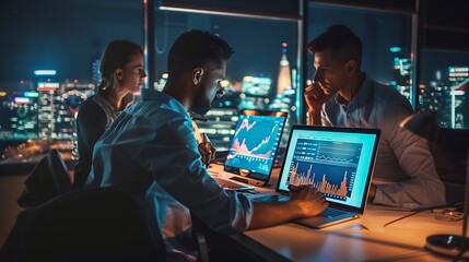 Poster - Team laptop and business people in office at night with stock market charts for corporate investment Discussion computer and financial advisors working on company profit report with de : Generative AI