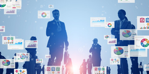 Aufkleber - Multinational business people and business data concept. Wide angle visual for banners or advertisements.