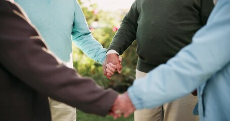 Poster - Holding hands, senior people and park with support, care and love together outdoor with group. Friends, trust and garden with solidarity, kindness and empathy in retirement and nature in morning