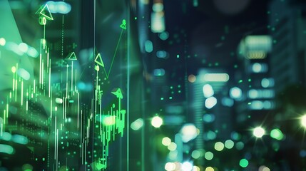 Aufkleber - Abstract growing green forex chart and arrows on blurry night city background Index finance and market growth concept Double exposure : Generative AI