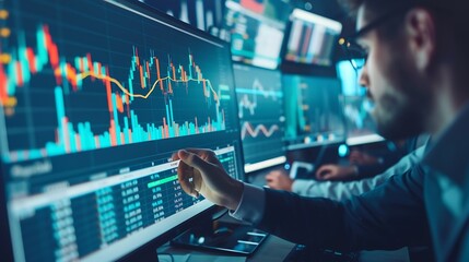 Poster - Colleagues in corporate setting analyze market data while examining a digital stock chart displayed on a monitor Concept of business entrepreneurship trade market economics finances : Generative AI