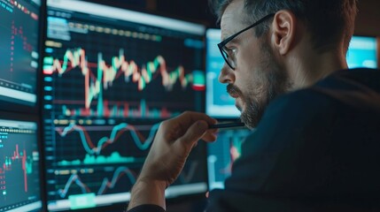 Poster - Investing and stock market concept A businessman checks financial data charts for trading forex stocks money and digital assets business finance technology and investment : Generative AI