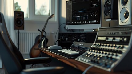 Aufkleber - Empty studio at home equipped with mixing soundboard panel and other musical instruments music industry recording Modern space with electronic controls and daw software on pc Camera A : Generative AI