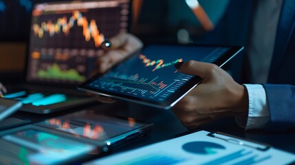 Aufkleber - Business finance and investment Data analysis Businessman using tablet analyzing financial graph growth chart stock market report and forex graph business growth finance and investment : Generative AI