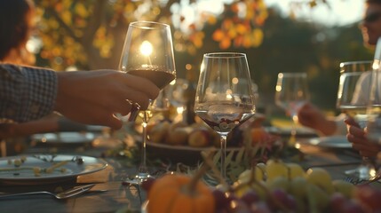 Friends enjoying outdoor dinner harvest party : Generative AI