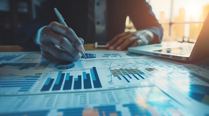 Poster - Businessman finance analyst analyzing financial report economic growth graph chart Business strategy planning and solution risk management for business success finance and investment b : Generative AI