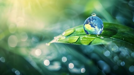 Poster - Water drop and leaf with earth for sustainability and awareness of climate change nature and environment Globe plant and droplet on blade of grass for eco friendly future and clean ene : Generative AI