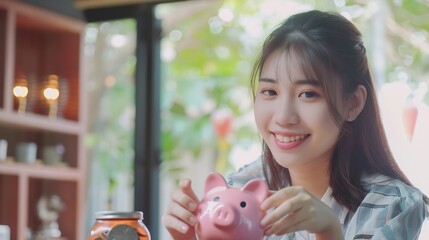 Poster - Saving money wealth concept asian young business woman hand putting coin into piggy for saving cost cash finance planning to spend enough money on her income for save money payment tax : Generative AI