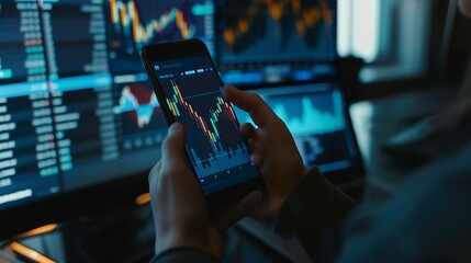Leinwandbilder - Focusing on phone with discussing dynamic stock market in two business traders online website compare with pc screens in real time currency rate investment on risk data at modern offic : Generative AI