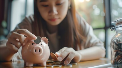 Poster - Saving money wealth concept asian young business woman hand putting coin into piggy for saving cost cash finance planning to spend enough money on her income for save money payment tax : Generative AI
