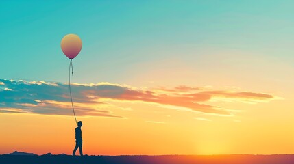 Silhouette of a man with a balloon an aerostat as a symbol of freedom of thought Concept  idea on the theme of travel voyage psychology religion science psychiatry : Generative AI