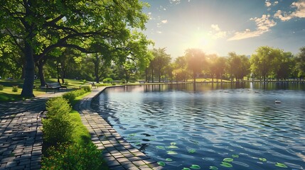 Fototapete - Nice city park by the lake : Generative AI