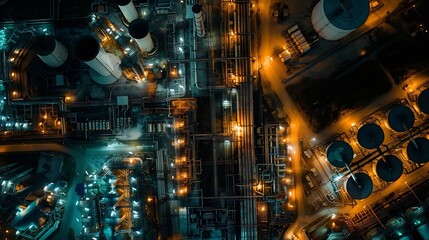 Aufkleber - Aerial top view oil and gas refinery background Business petrochemical industrial Refinery oil and gas factory power and fuel energy Ecosystem estates Fuel refinery industry at night : Generative AI