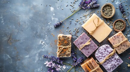 Aufkleber - Handmade natural soaps at bazarNatural soap bars and ingredients lavender cotton patchouli  on natural stone background top view Handmade organic DIY soap Zero waste cosmetics concept : Generative AI