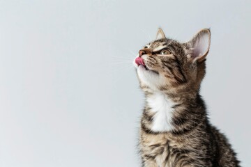 Cat sits and licks its lips. White background studio shot of feline. Domestic kitten looking up. Close-up portrait of Cat on white. Indoor cat on light background. Copy space - generative ai