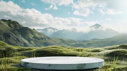 Poster - Abstract 3d render platform and mockup natural background Stone podium on the grass field backdrop meadow mountain for product stand display advertising or etc : Generative AI