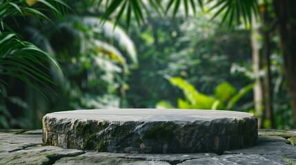Poster - Stone tabletop podium floor in outdoors tropical garden forest blurred green leaf plant nature backgroundNatural product placement pedestal stand displayjungle paradise concept : Generative AI