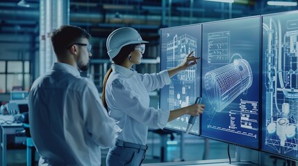 Poster - Male and female engineers collaborate with other stakeholders including suppliers and customers to ensure the success of the industrial business and its products : Generative AI