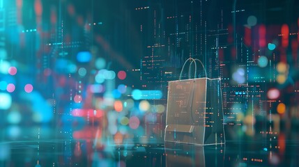 Aufkleber - Image of financial data processing over shopping bag Global shopping business finance computing and data processing concept digitally generated image : Generative AI