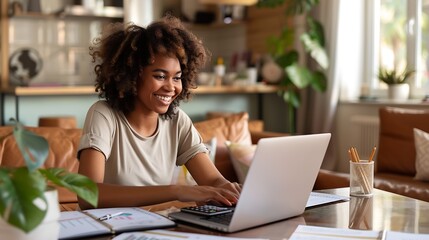Poster - Smiling woman managing finances at home using laptop calculator and documents in cozy living room Concept of home budgeting financial planning and remote work : Generative AI