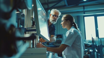 Poster - Factory apprenticeship Man mentor teaching Female employees trainee operating machine looking monitors and check Production process machinery foreman explaining woman engineer control  : Generative AI