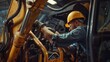© The Little Hut - Driver mechanic checks hydraulic hoses of excavator Man in hard hat industrial worker : Generative AI