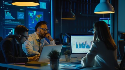 Poster - Team laptop and business people in office at night with stock market charts for corporate investment Discussion computer and financial advisors working on company profit report with de : Generative AI