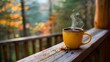 © Jane Kelly - Steaming cup of coffee on cabin porch
