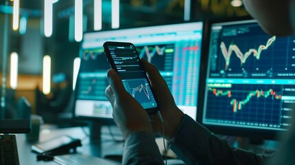 Leinwandbilder - Focusing on phone with discussing dynamic stock market in two business traders online website compare with pc screens in real time currency rate investment on risk data at modern offic : Generative AI