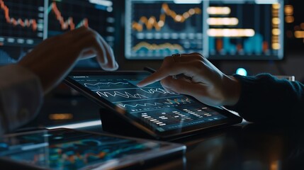 Aufkleber - Business finance and investment Data analysis Businessman using tablet analyzing financial graph growth chart stock market report and forex graph business growth finance and investment : Generative AI