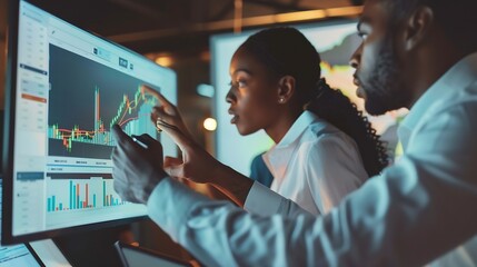 Poster - Colleagues in corporate setting analyze market data while examining a digital stock chart displayed on a monitor Concept of business entrepreneurship trade market economics finances : Generative AI