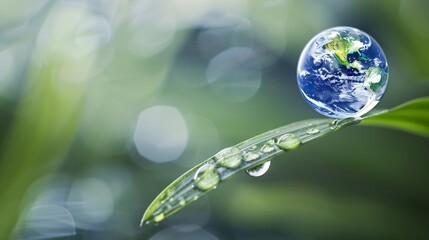 Poster - Water drop and leaf with earth for sustainability and awareness of climate change nature and environment Globe plant and droplet on blade of grass for eco friendly future and clean ene : Generative AI