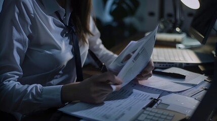 Leinwandbilder - Documents Business woman and accountant reading report for information financial data or analysis Paperwork auditor check review and bookkeeping Calculate finance and tax in office : Generative AI