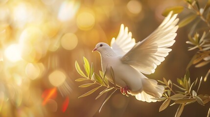 White Dove carrying olive leaf branch on Beautiful light and lens flare Freedom concept and international day of peace  Free Clipping path : Generative AI