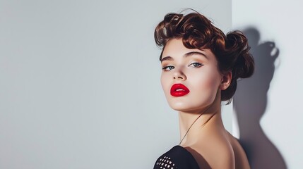 Wall Mural - Feminine Elegance A Stunning Portrait of a Young Fashion Model with Red Lips and Retro Hairstyle Posing in a White Studio Background : Generative AI