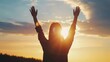 © The Little Hut - Woman raising his hands in worship Christian Religion concept Silhouette woman on sunrise background Christian female prayers to God in faith Women raise hands in praise with faith and : Generative AI