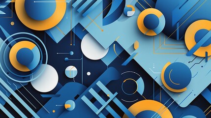 Wall Mural - Abstract Geometric design featuring overlapping circles and squares in vibrant blue and yellow hues, creating a dynamic and contemporary aesthetic.