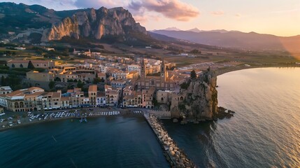 Drone view from above at the old town of Cefalu at sunset medieval village of Sicily island Province of Palermo Italy Europe Cathedral of Cefalu : Generative AI